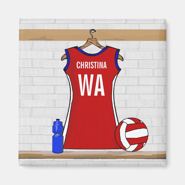 Aimant Uniforme de Custom Netball Red with Blue and White (Devant)