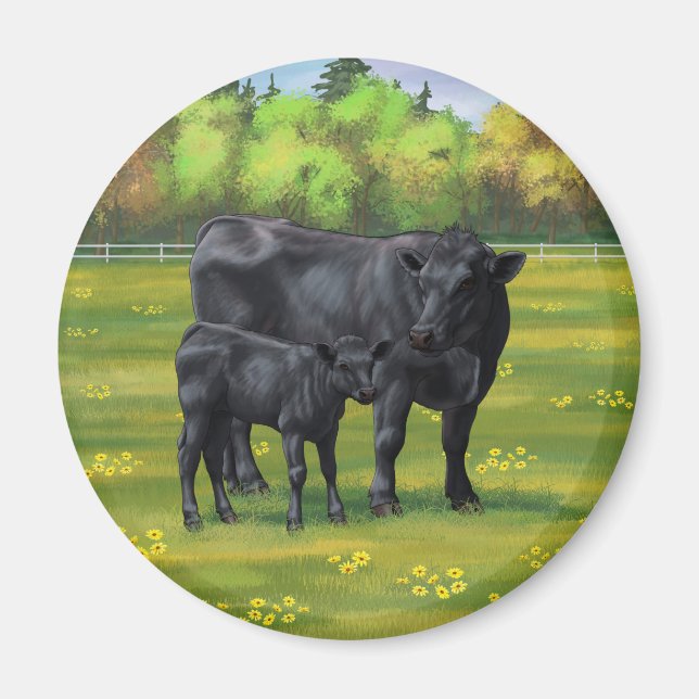 Aimant Vache d'Angus noir et veau mou en pâturage d'été (Devant)