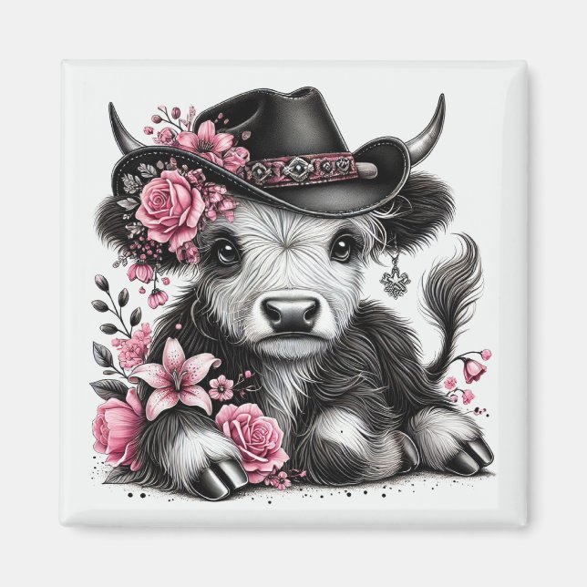 Aimant Vache des Highlands avec chapeau floral (Devant)