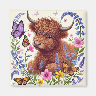 Aimant Vache des Highlands avec des fleurs et des papillo