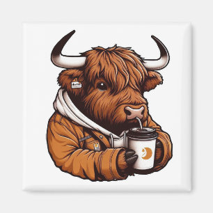 Aimant Vache des Highlands en veste appréciant un café c