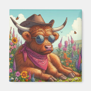 Aimant Vache des Highlands portant des lunettes de soleil