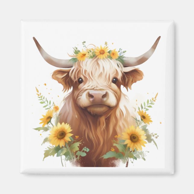 Aimant Vache Highland avec Couronne de fleurs de tourneso (Devant)