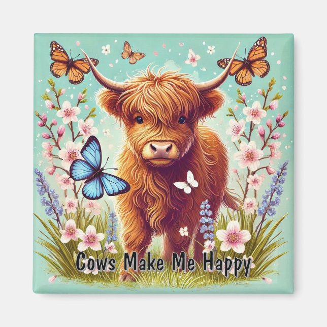 Aimant Vache Highland avec papillons et fleurs printanièr (Devant)