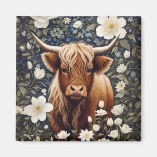 Aimant Vache Highland Élégant Blanc Floral