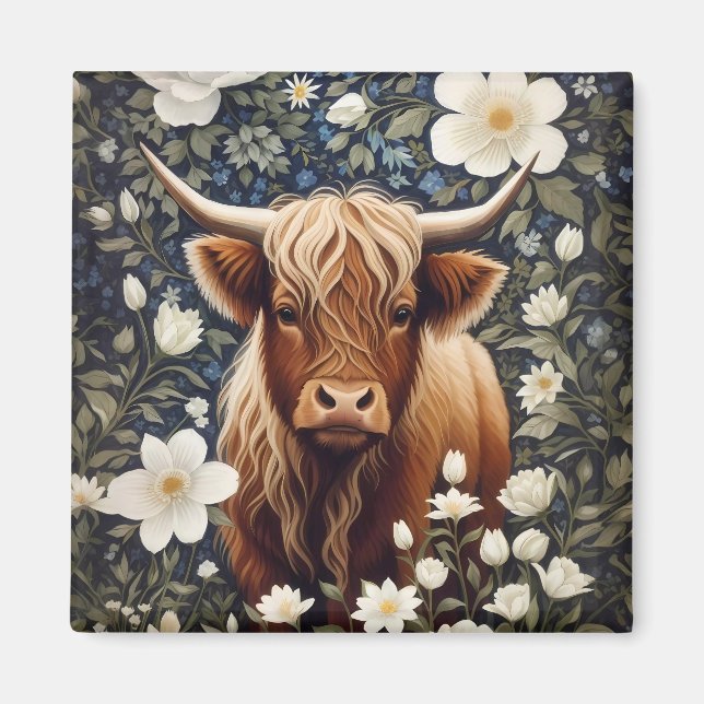 Aimant Vache Highland Élégant Blanc Floral (Devant)