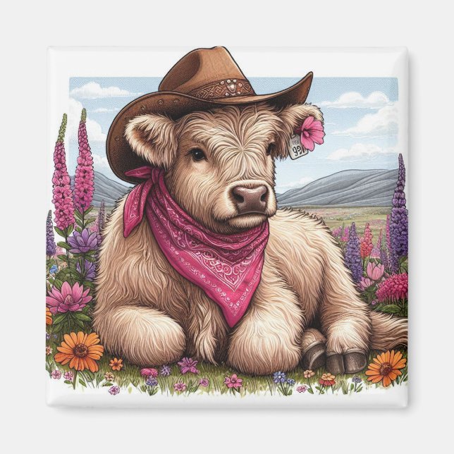 Aimant Vache Highland portant Casquette et Bandana (Devant)
