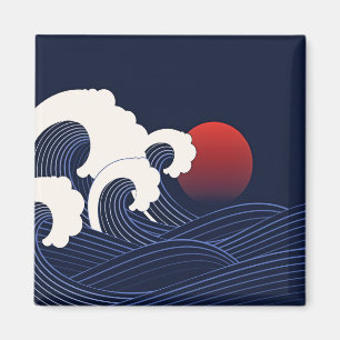 Aimant Vague Bleue Marine avec main Lune Rouge tirée