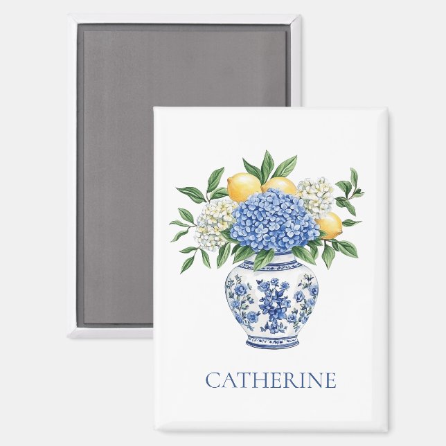 Aimant Vase Chinoiserie Bleu et Blanc avec hydrangées (Recto/Verso)