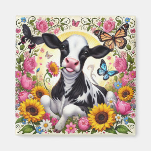 Aimant Veau dans un monde floral et papillon vibrant