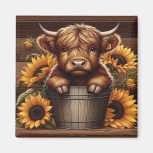Aimant Veau de vache Highland avec tournesols dans un sea