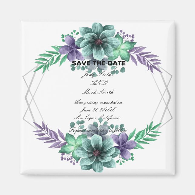 Aimant Vert Et Violet Aquarelle Floral Enregistrer La Dat (Devant)