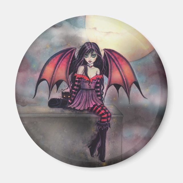 Aimant Victoria Vampire Fairy with Cat Halloween Art (Devant)
