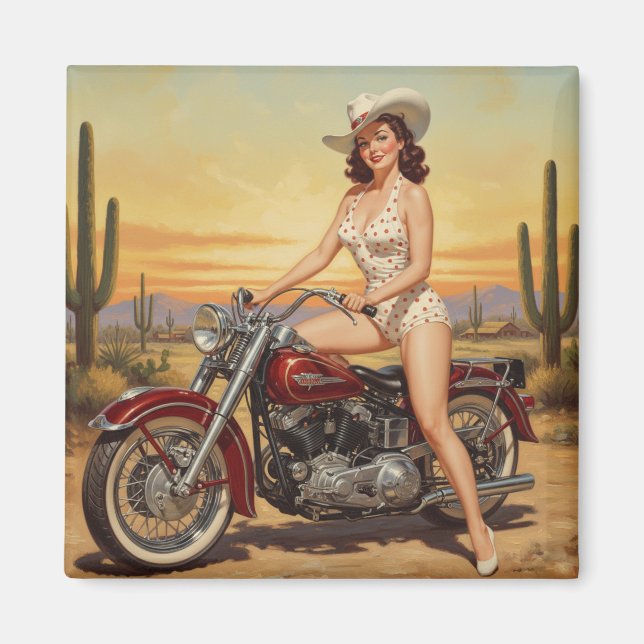 Aimant Vielle école Retro Pin-up fille sur moto (Devant)