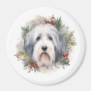 Aimant Vieux anglais Sheepdog Christmas Wreath Festive Pu