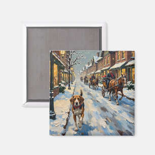 Aimant Vieux Beagle dans une rue victorienne enneigée à N