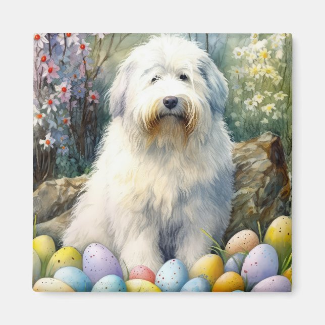 Aimant Vieux chien de mer anglais avec oeufs de Pâques va (Devant)