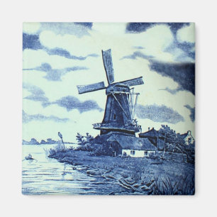 Aimant Vintage Antique Delft Blue Tile - Windmill Pinback