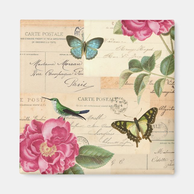 Aimant vintage avec roses et papillons (Devant)