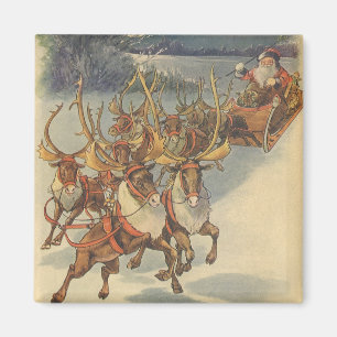 Aimant Vintage Christmas Santa Claus Sleigh with Reindeer