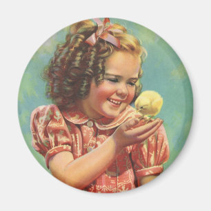 Aimant Vintage fille avec bébé poussin, Joyeux enfant sou