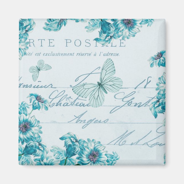 Aimant vintage floral français avec fleurs bleues (Devant)