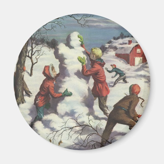 Aimant Vintage Noël, Enfants Snowball combat (Devant)