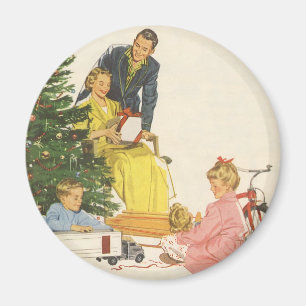 Aimant Vintage Noël matin, présentation d'ouverture famil