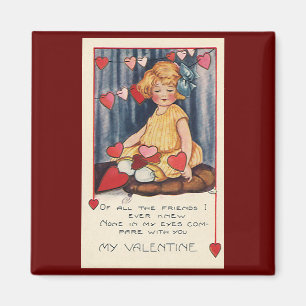 Aimant Vintage Saint Valentin, Fille aux Coeurs rouges
