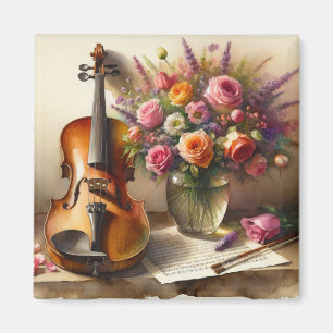 Aimant Violon, Partition et un Vase de Fleurs