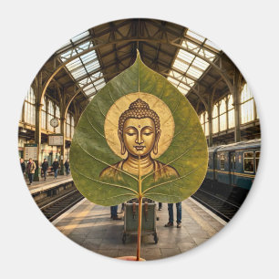 Aimant Visage de Bouddha serein sur Feuille de Bodhi Arti