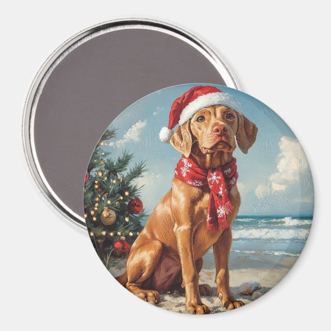 Aimant Vizsla Chien Noël Plage Vintage (Recto/Verso)