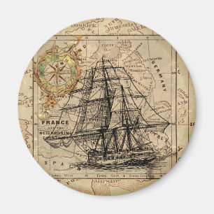 Aimant Voilier vintage et vieille carte européenne