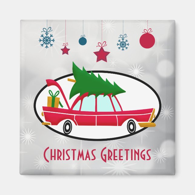 Aimant Voiture rouge rétro portant un arbre de Noël (Devant)