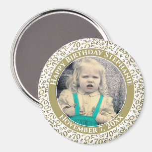Aimant Votre photo 70e anniversaire Numéro Motif Or/Blanc