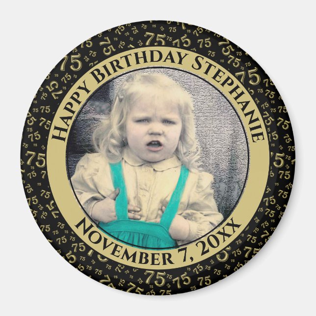 Aimant Votre photo 75e anniversaire Motif | Noir/Or (Devant)