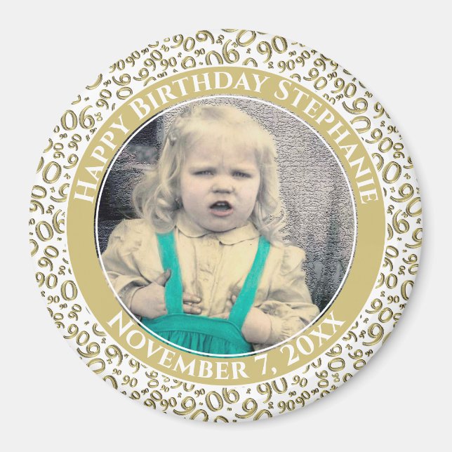 Aimant Votre photo 90e anniversaire Motif | Or/Blanc (Devant)