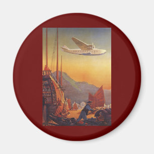 Aimant Voyage Rétro, Avion au-dessus des jonques à Hong K