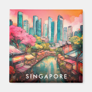 Aimant Vue de la ville de Singapour colorée