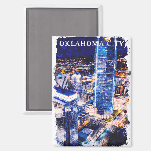 Aimant Vue nocturne stylée d'Oklahoma City à l'aquarelle 