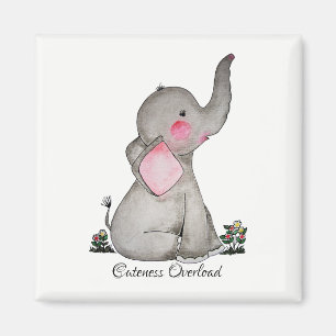 Aimant Watercolor Cute Baby Elephant With Blush & Flowers