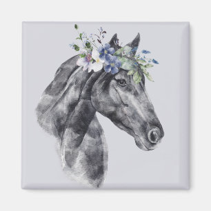 Aimant Watercolor Flower Crown Black Horse Portrait