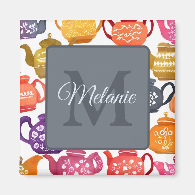 Aimant Watercolor Teapot Pattern Peronalised Monogram (Devant)
