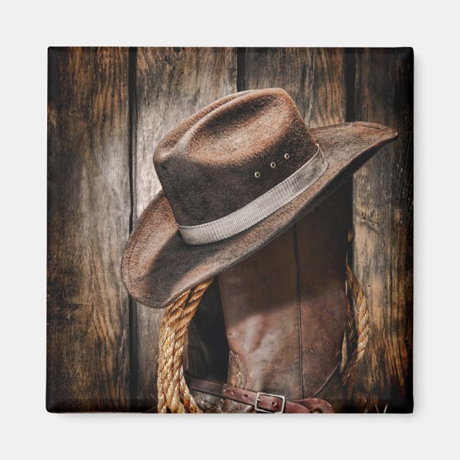 Aimant western country brun grange bois cowboy bottes (Devant)