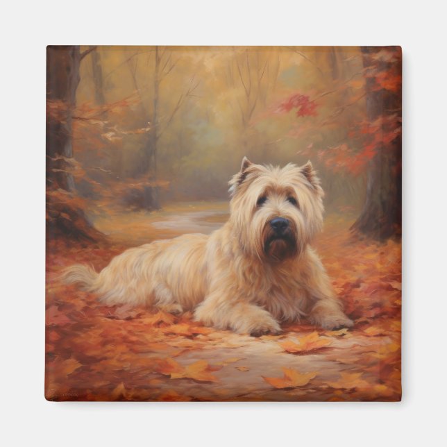 Aimant Wheaten Terrier dans les feuilles d'automne automn (Devant)