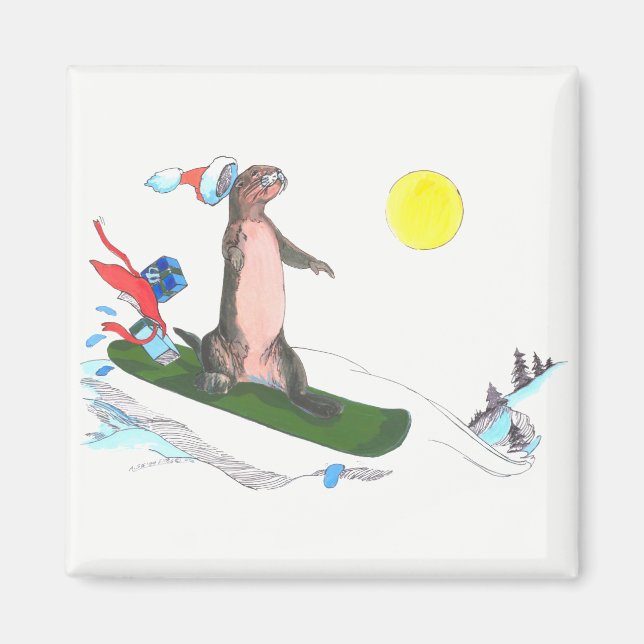 Aimant Whimsical Christmas mignon Otter Snowboarder (Devant)