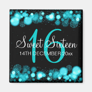 Aimant Winter Sweet 16 Anniversaire Turquoise Bokeh Lumiè