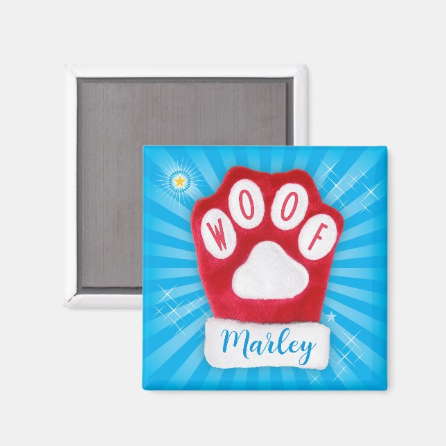 Aimant WOOF Chien Joyeux Noël Rouge Paw Père Noël Mitten (Recto/Verso)