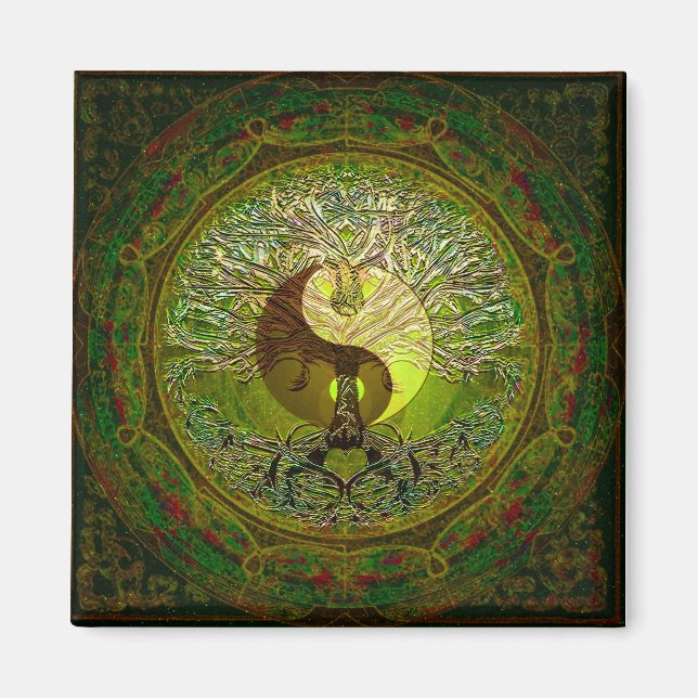 Aimant Yin Yang vert avec arbre de vie (Devant)