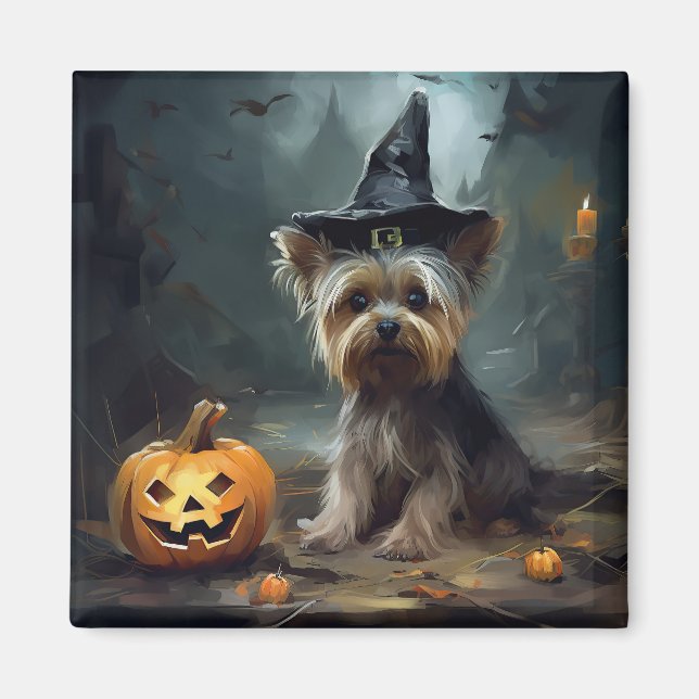 Aimant Yorkshire Terrier Citrouilles Halloween effrayant (Devant)